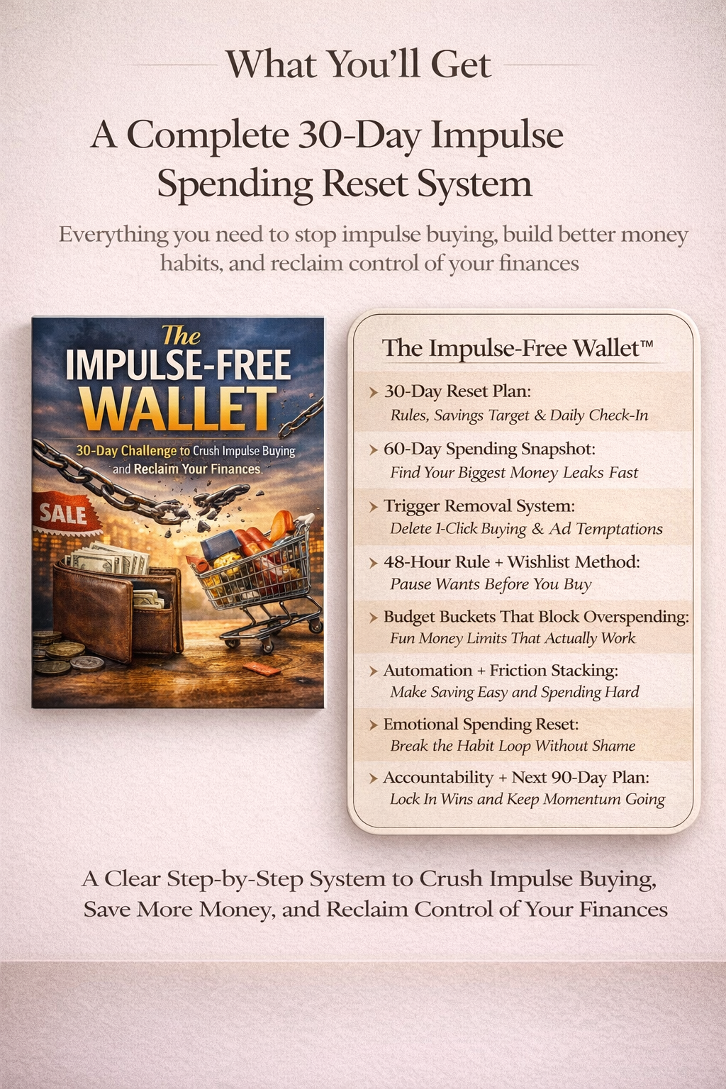 The Impulse-Free Wallet System guide and 30-day impulse spending reset showing 8 steps from 30-day reset plan to accountability and 90-day plan to stop impulse buying and reclaim control of your finances