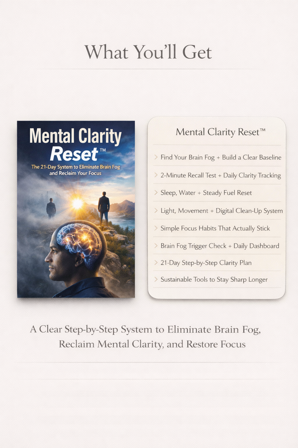 Mental Clarity Reset System guide and mental clarity reset showing 8 steps from brain fog baseline to sustainable clarity tools to eliminate brain fog and restore focus