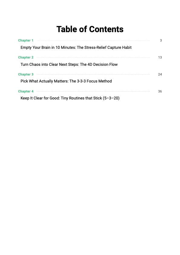 The Mental Clarity System guide table of contents showing chapters covering mental overload, brain fog reset and step-by-step thought organization and clarity routine plan