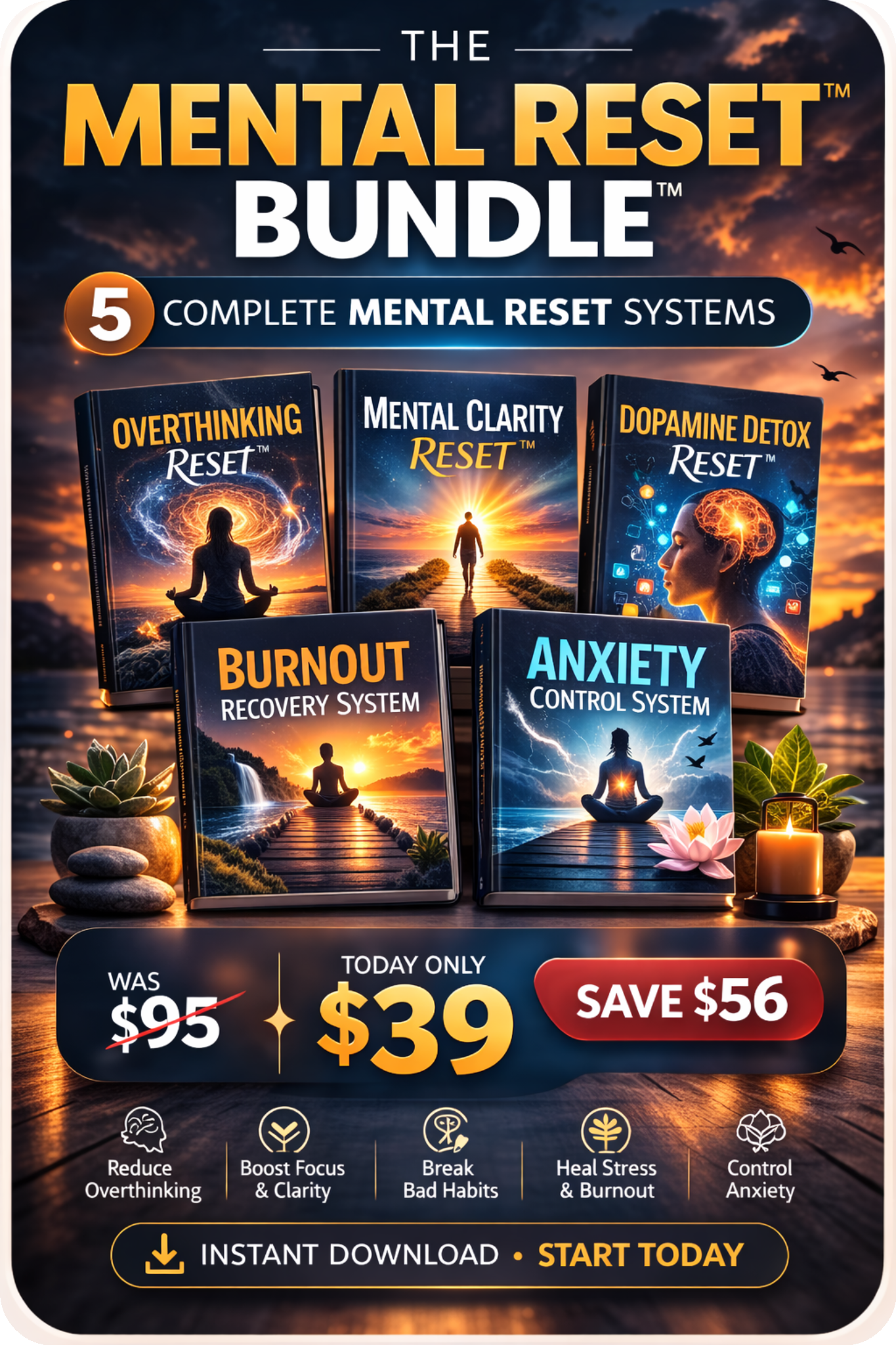 Mental Reset Bundle including five systems for overthinking reset, mental clarity, dopamine detox, burnout recovery and anxiety control