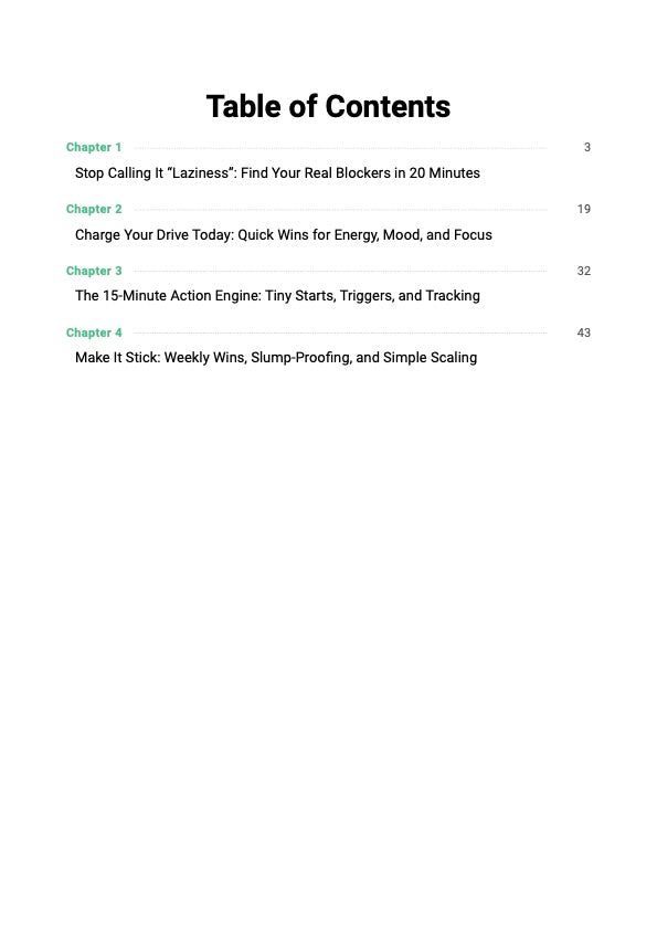 The Motivation Reset System guide table of contents showing chapters covering motivation triggers, discipline system and step-by-step daily motivation and action taking rebuild plan