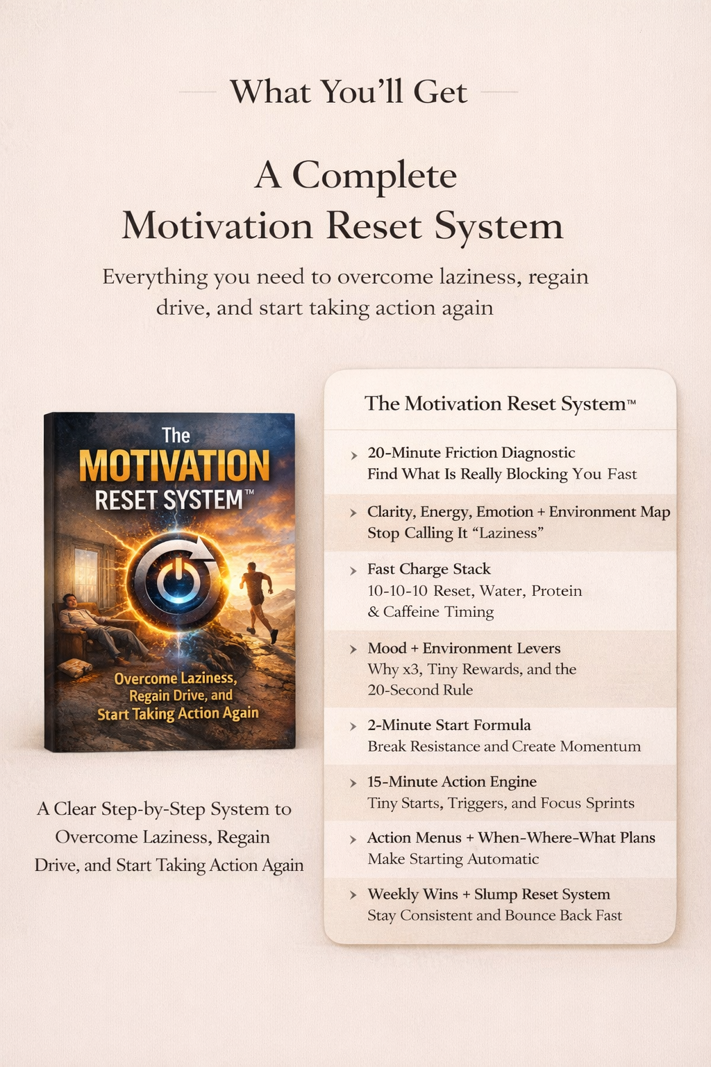 The Motivation Reset System guide and complete motivation reset showing 8 steps from 20-minute friction diagnostic to weekly wins and slump reset system to overcome laziness, regain drive and start taking action again