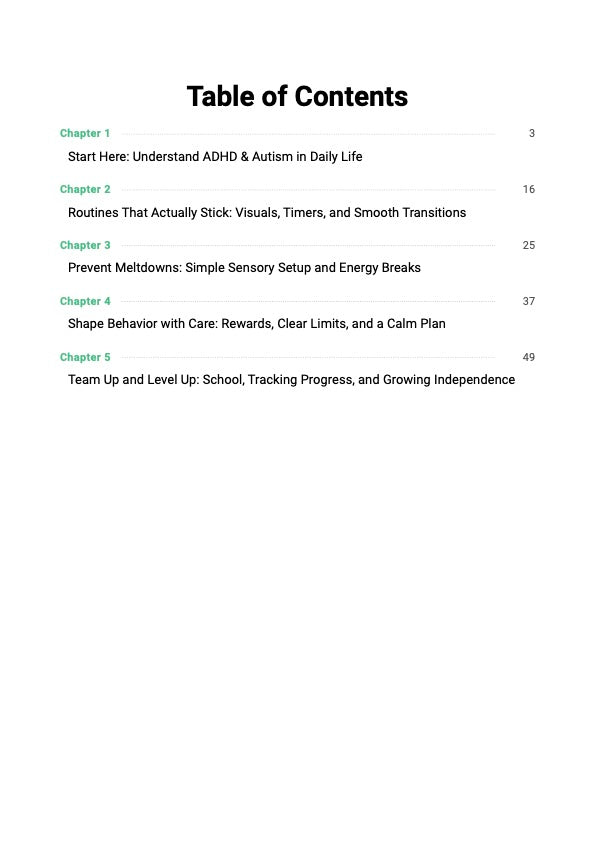 The Neurodiverse Parenting Support System guide table of contents showing chapters covering ADHD and autism parenting strategies, structured routines and step-by-step calm transitions and daily support plan