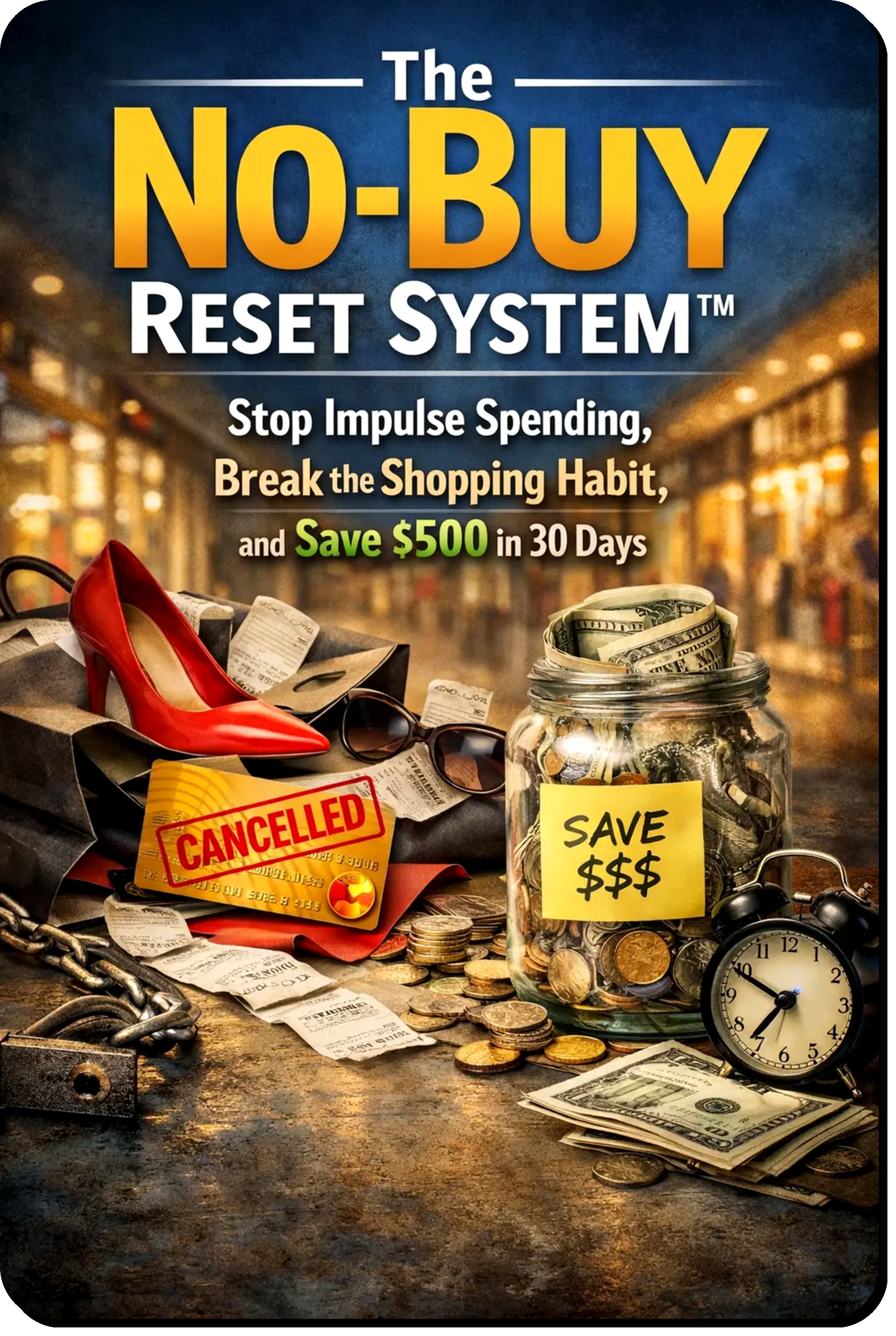 The No-Buy Reset System guide showing a practical 30-day system to stop impulse spending, reduce unnecessary purchases and build smarter saving habits