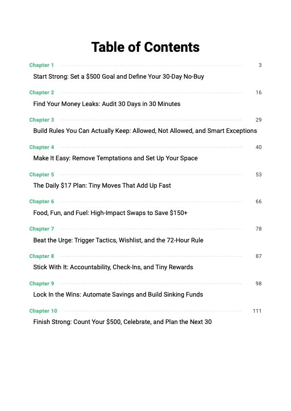 The No-Buy Reset System guide table of contents showing chapters covering impulse spending triggers, spending detox system and step-by-step 30-day no-buy reset and money saving plan