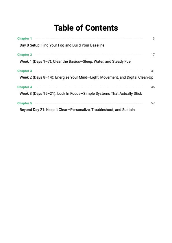 Overthinking Reset System guide table of contents showing chapters covering overthinking triggers, thought loop tools and 21-day step-by-step reset plan