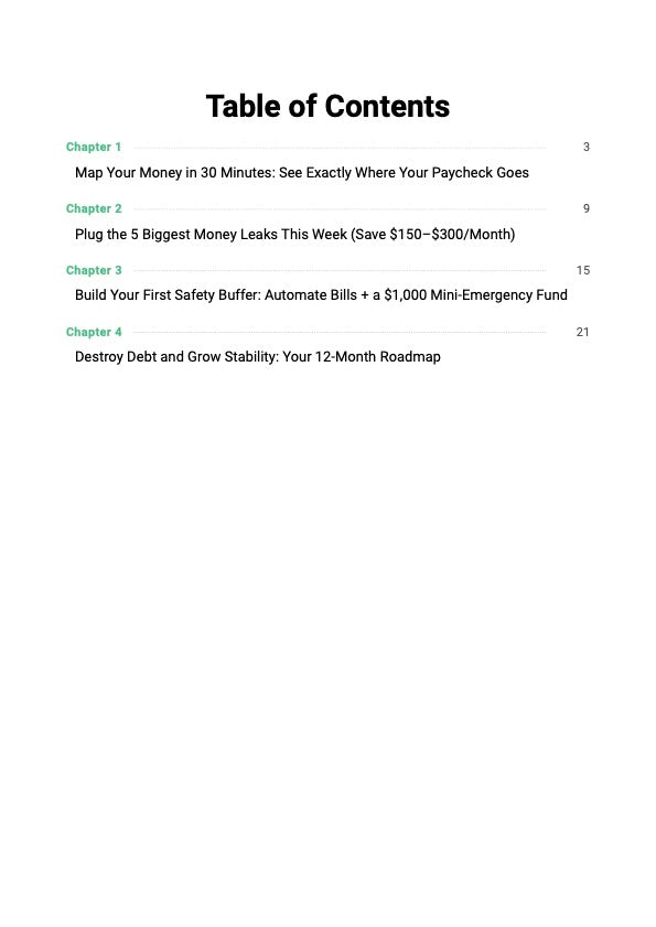 The Paycheck Freedom System guide table of contents showing chapters covering paycheck budgeting, debt payoff system and step-by-step financial stability and emergency fund plan