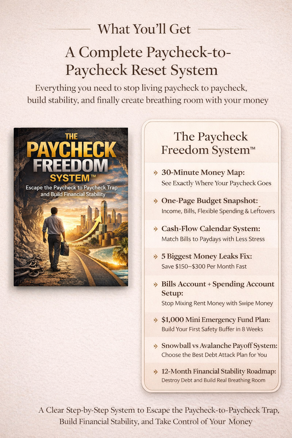 The Paycheck Freedom System guide and complete paycheck-to-paycheck reset showing 8 steps from 30-minute money map to 12-month financial stability roadmap to escape the paycheck-to-paycheck trap and build financial stability