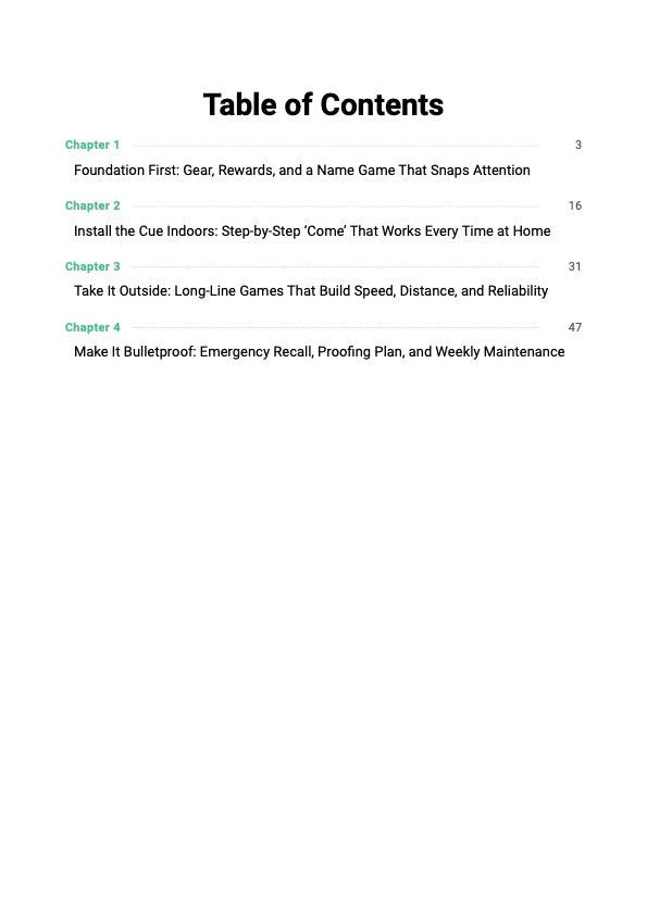 The Perfect Recall System guide table of contents showing chapters covering recall foundations, come cue training and outdoor reliability system for dogs