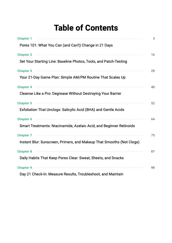 Pore-Minimizing Reset guide table of contents showing chapters covering oil control, blackhead removal and 21-day pore refinement plan