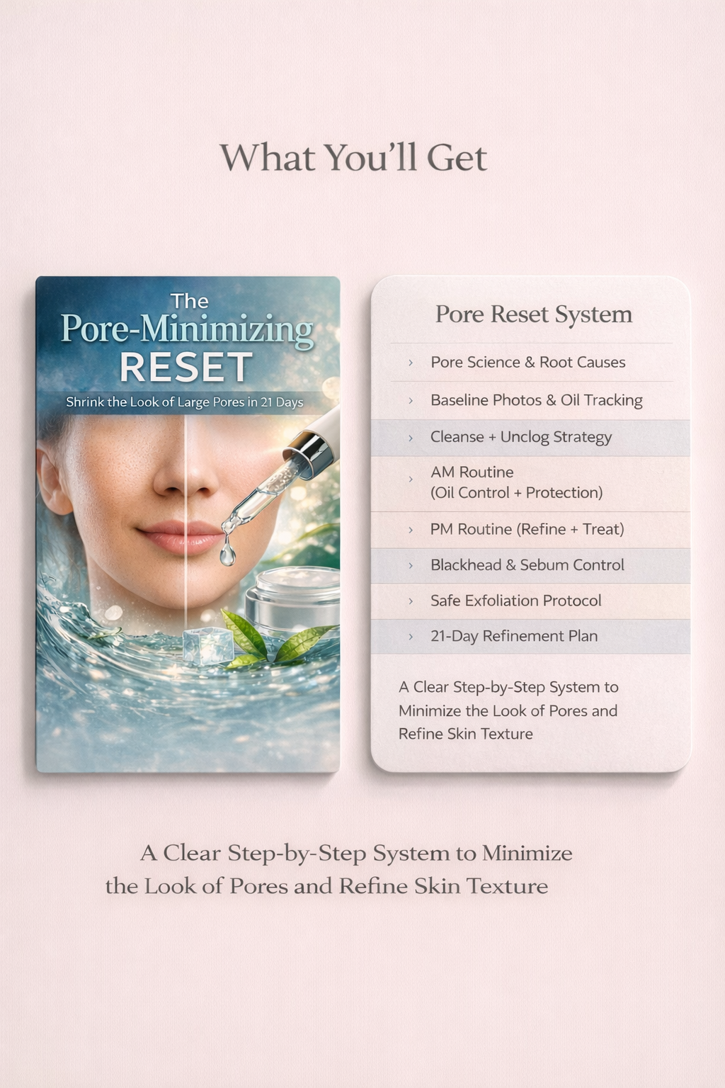 Pore-Minimizing Reset guide and pore reset system showing 8 steps from pore science basics to 21-day refinement plan to shrink the look of large pores