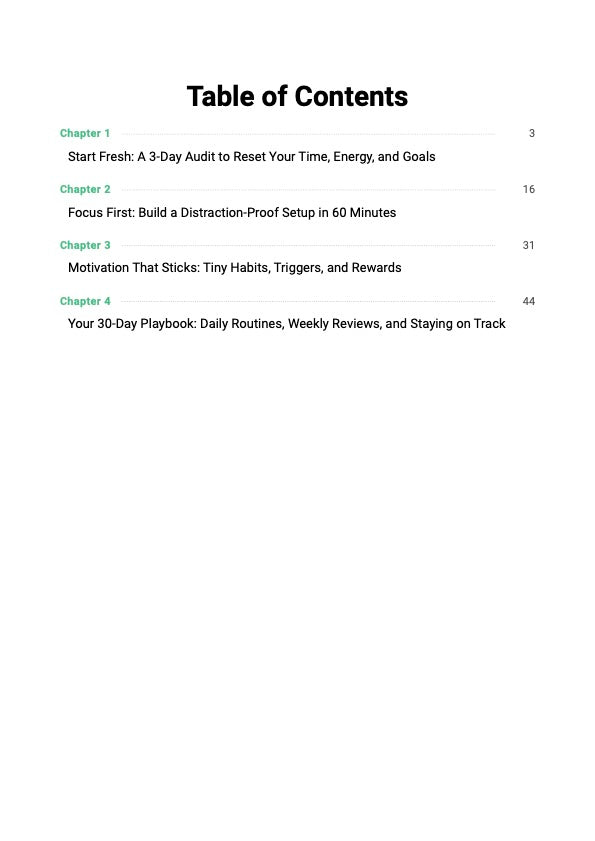 The Productivity Reset System guide table of contents showing chapters covering focus reset, procrastination fix and step-by-step productivity and daily routine rebuild plan