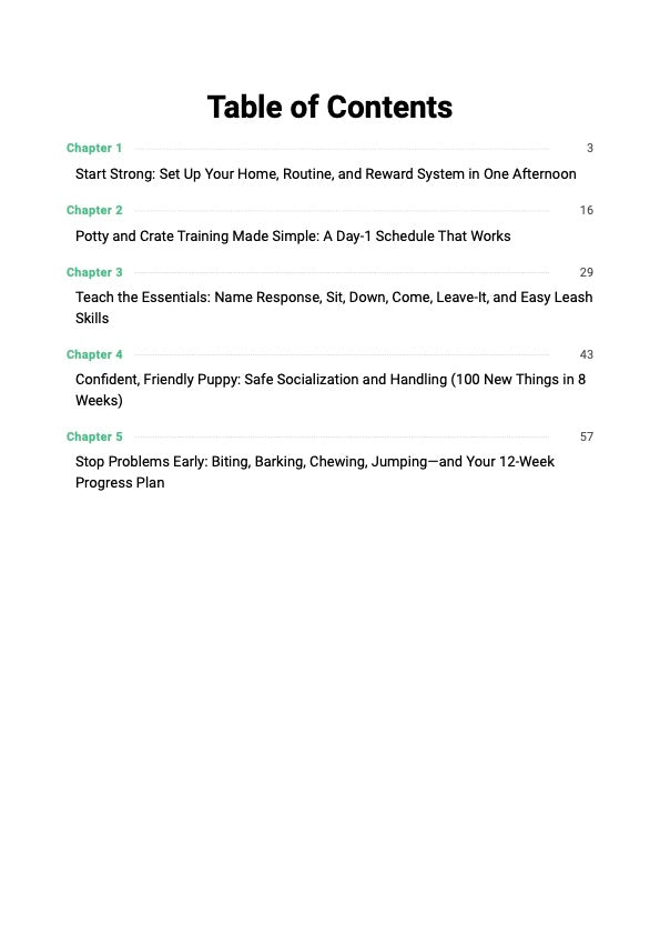 Puppy Training System guide table of contents showing chapters covering potty training, crate training, socialization and puppy obedience training plan