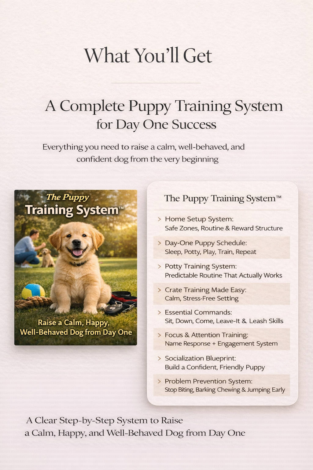 The Puppy Training System guide and puppy training showing 8 steps from home setup and day-one schedule to socialization blueprint and problem prevention system to raise a calm well-behaved dog from day one