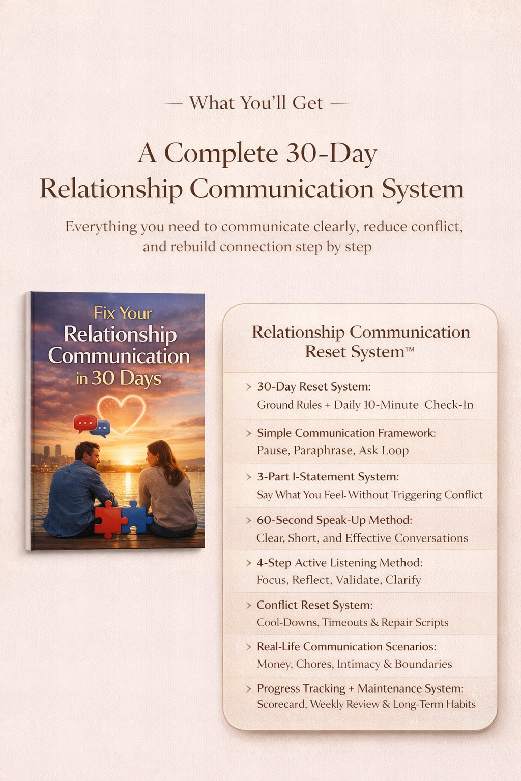 Relationship Communication Reset System guide and 30-day communication reset showing 8 steps from 30-day reset system to progress tracking and maintenance system to fix relationship communication and rebuild connection