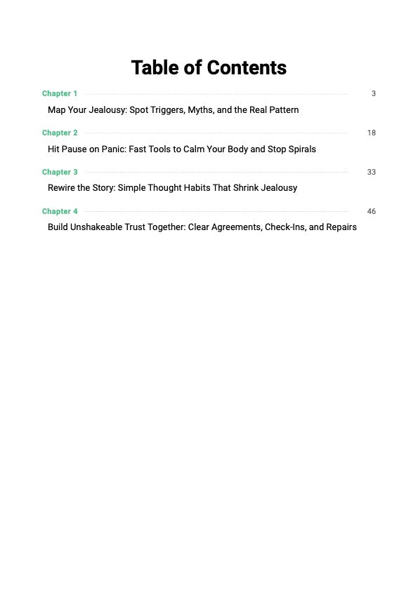 The Relationship Jealousy Reset System guide table of contents showing chapters covering jealousy triggers, trust rebuilding and step-by-step relationship security reset plan