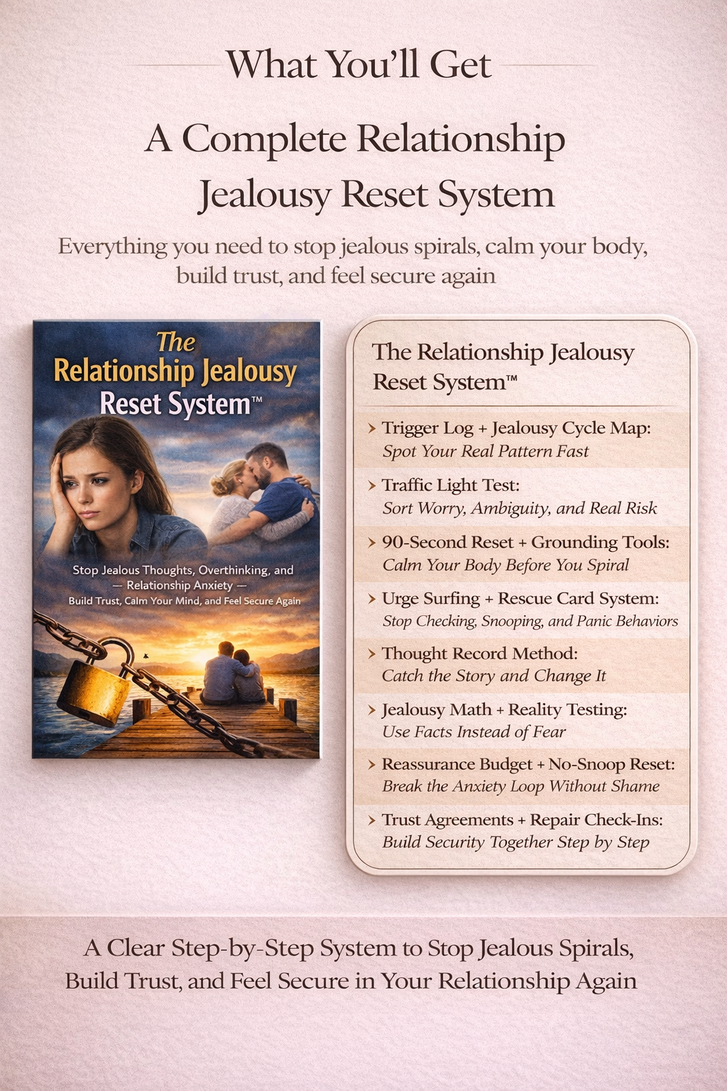 The Relationship Jealousy Reset System guide and jealousy reset showing 8 steps from trigger log and jealousy cycle map to trust agreements and repair check-ins to stop jealous spirals and feel secure in your relationship