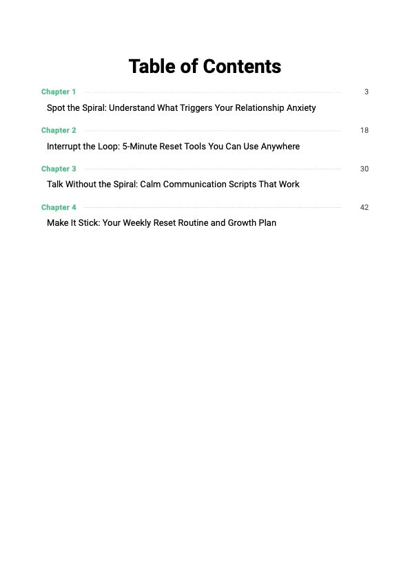 Relationship Overthinking Reset System guide table of contents showing chapters covering relationship anxiety triggers, overthinking patterns and step-by-step calm communication reset plan
