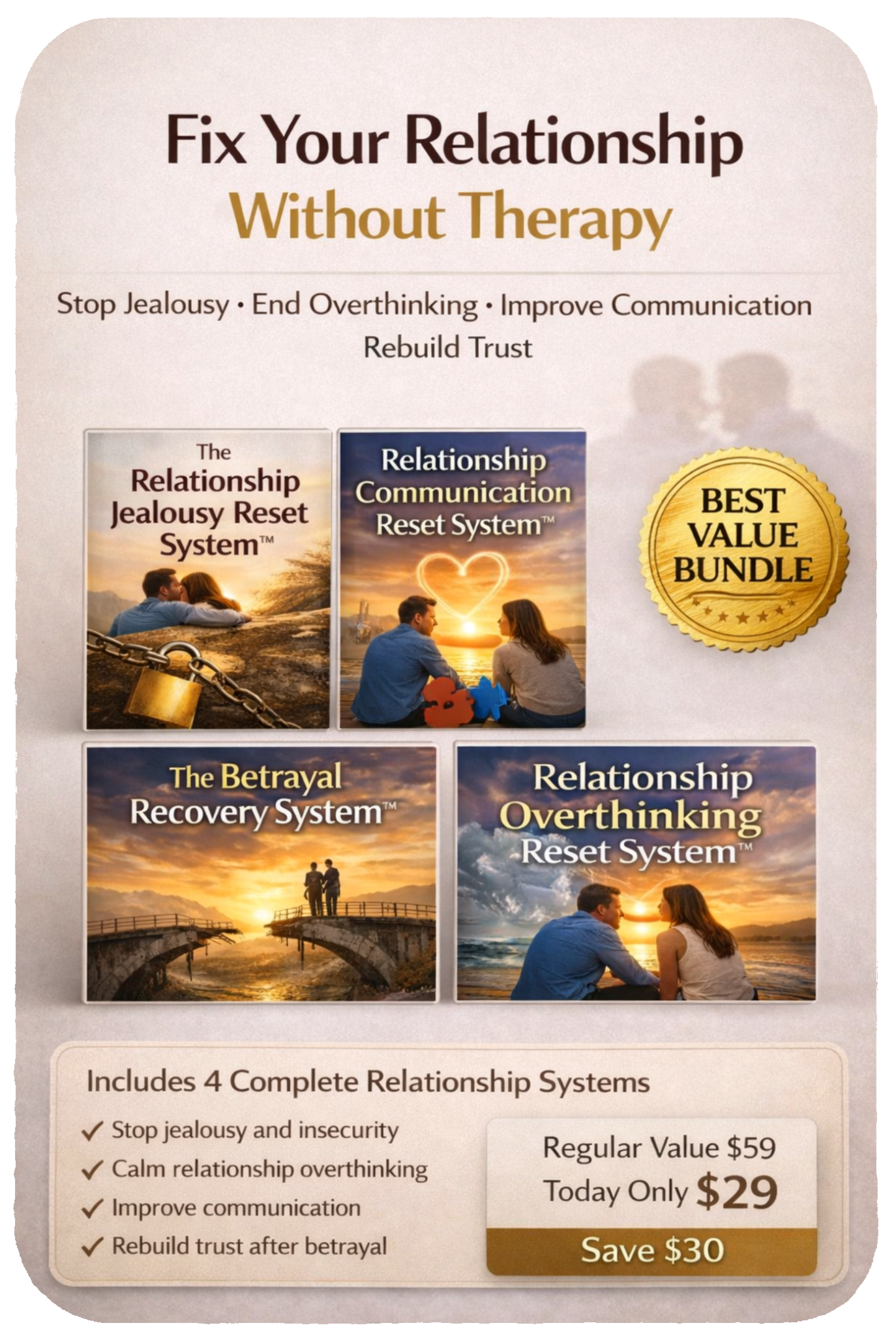 The Relationship Stability Bundle showing 4 relationship guides covering jealousy reset, communication reset, betrayal recovery and overthinking reset to fix your relationship without therapy, stop jealousy, end overthinking and rebuild trust