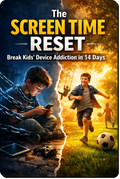 The Screen Time Reset guide showing a 14-day step-by-step system to help parents reduce kids screen time, stop device battles and build healthier digital habits at home