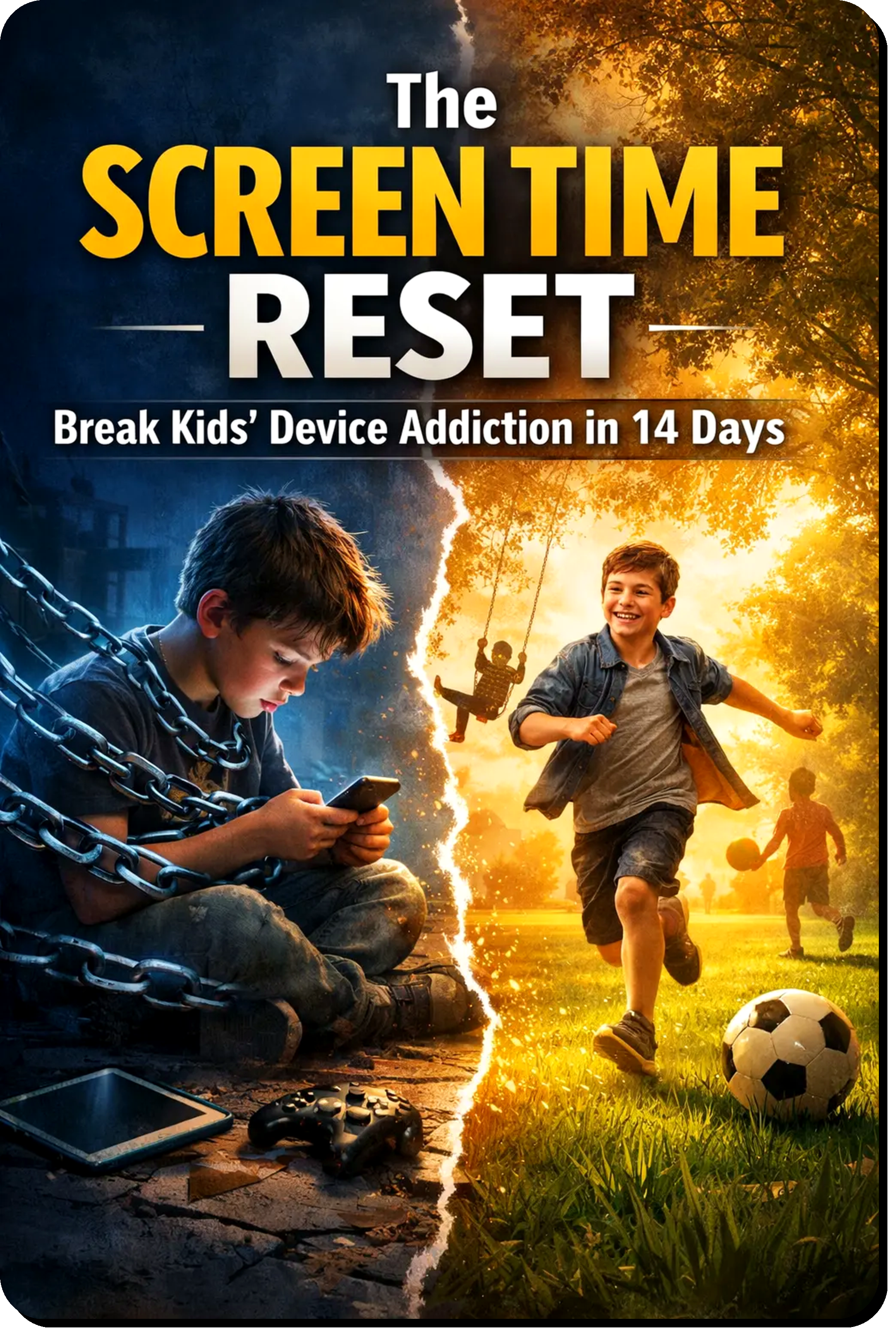The Screen Time Reset guide showing a 14-day step-by-step system to help parents reduce kids screen time, stop device battles and build healthier digital habits at home