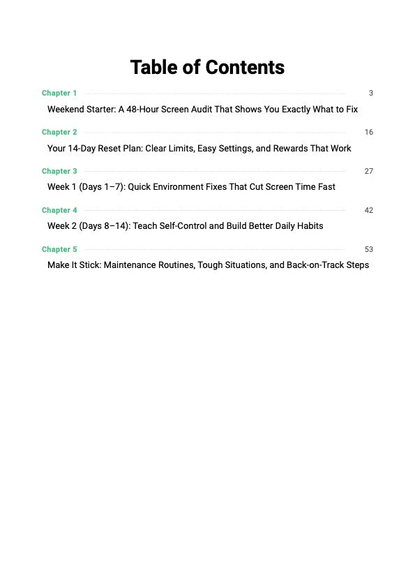 The Screen Time Reset guide table of contents showing chapters covering screen addiction, device battle strategies and step-by-step 14-day screen time reduction and healthy digital habits plan