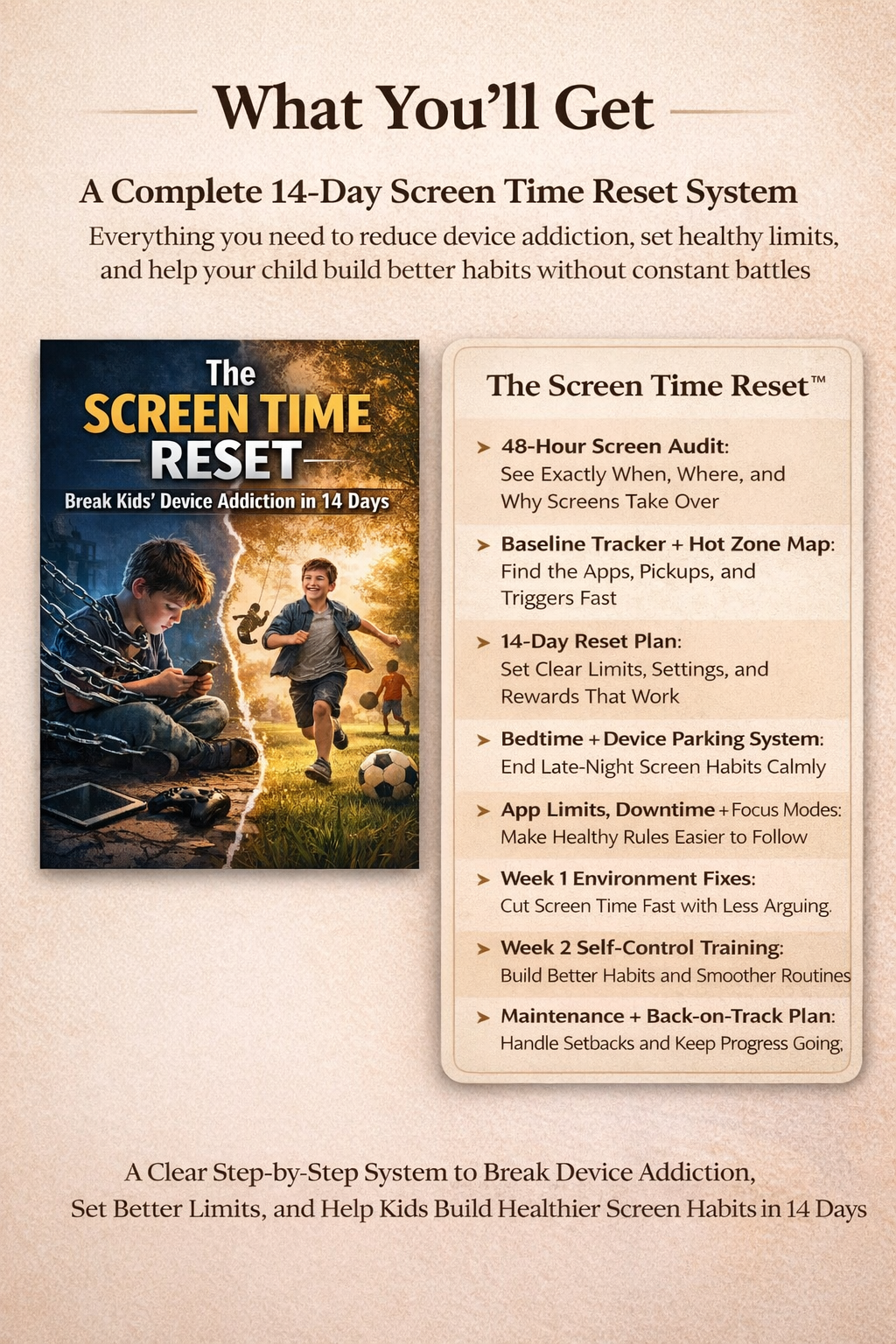 The Screen Time Reset guide and complete 14-day screen time reset showing 8 steps from 48-hour screen audit to maintenance and back-on-track plan to break kids device addiction, set healthy limits and build better screen habits in 14 days