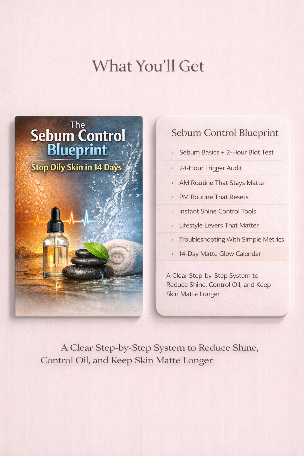 Sebum Control Blueprint guide and sebum control system showing 8 steps from sebum basics to 14-day matte glow calendar to stop oily skin in 14 days