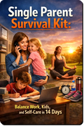 The Single Parent Survival System guide showing a practical 14-day system to help single parents reduce chaos, manage work and kids, simplify routines and create a calmer home life
