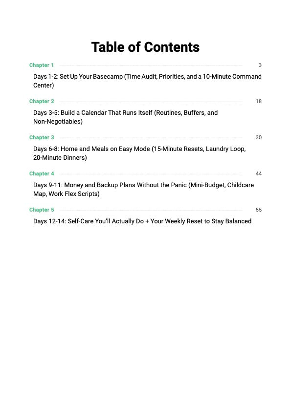 The Single Parent Survival System guide table of contents showing chapters covering work-life balance, family routines and step-by-step 14-day single parent survival and calm home plan