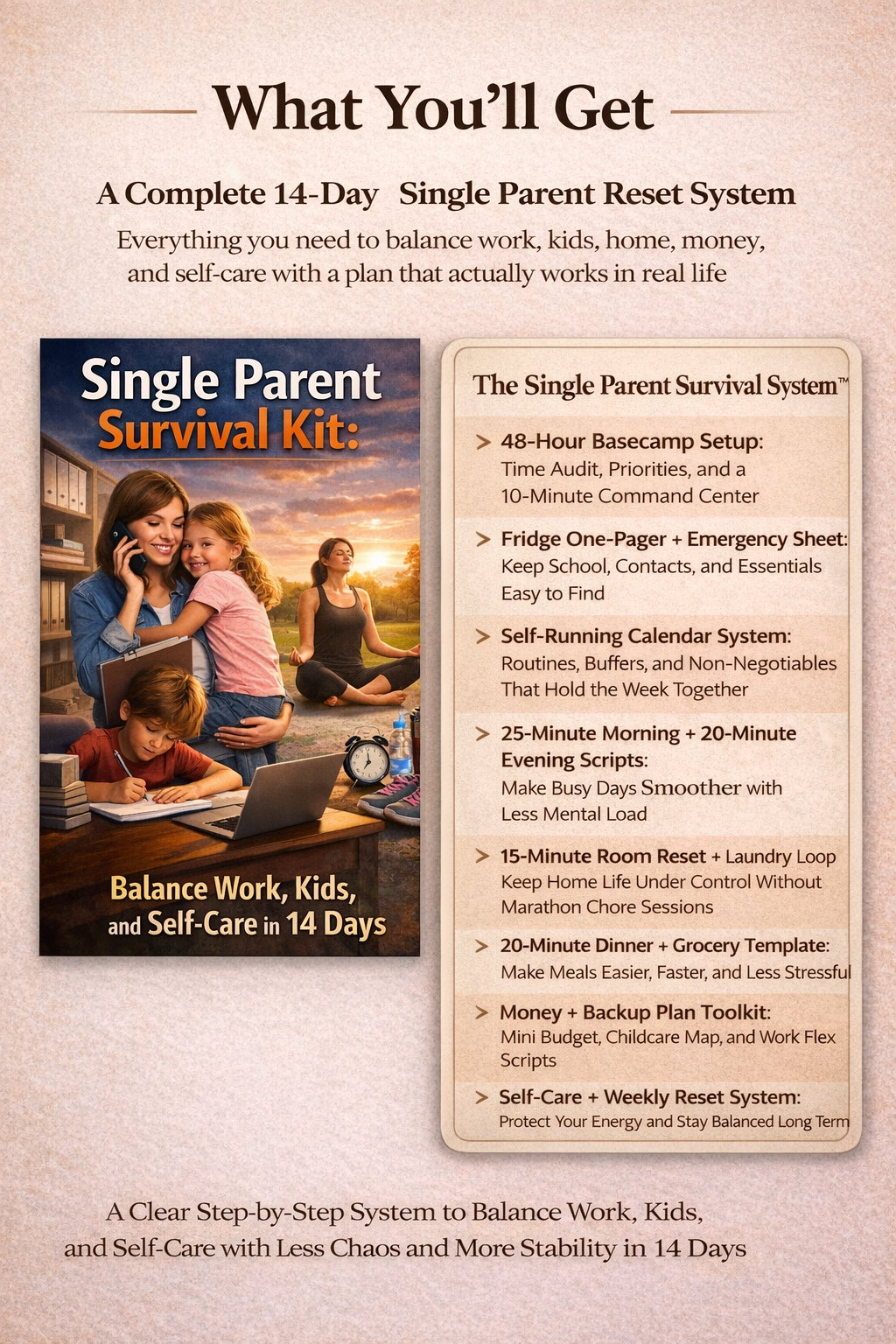 The Single Parent Survival System guide and complete 14-day single parent reset showing 8 steps from 48-hour basecamp setup to self-care and weekly reset system to balance work, kids and self-care with less chaos and more stability in 14 days