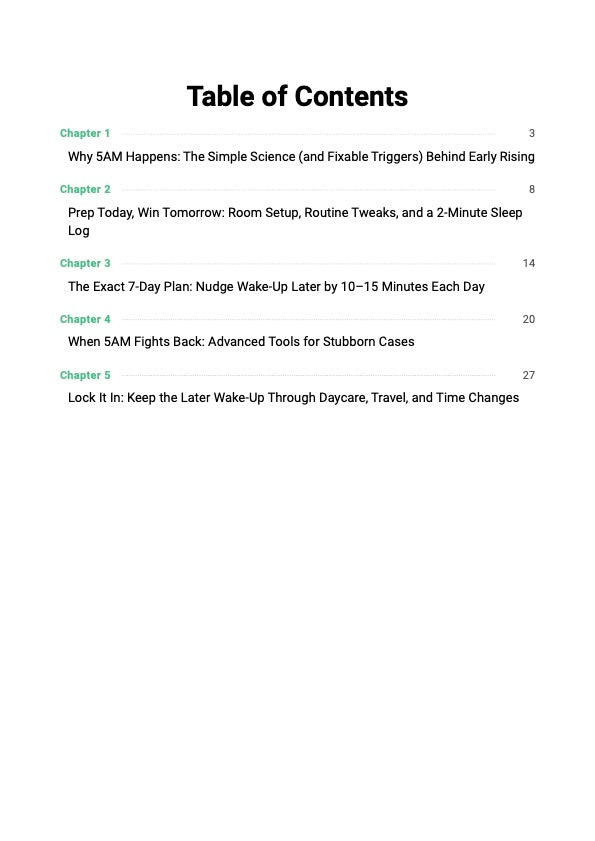 Stop 5AM Wake-Ups guide table of contents showing 7-day toddler morning reset plan and circadian rhythm schedule chapters