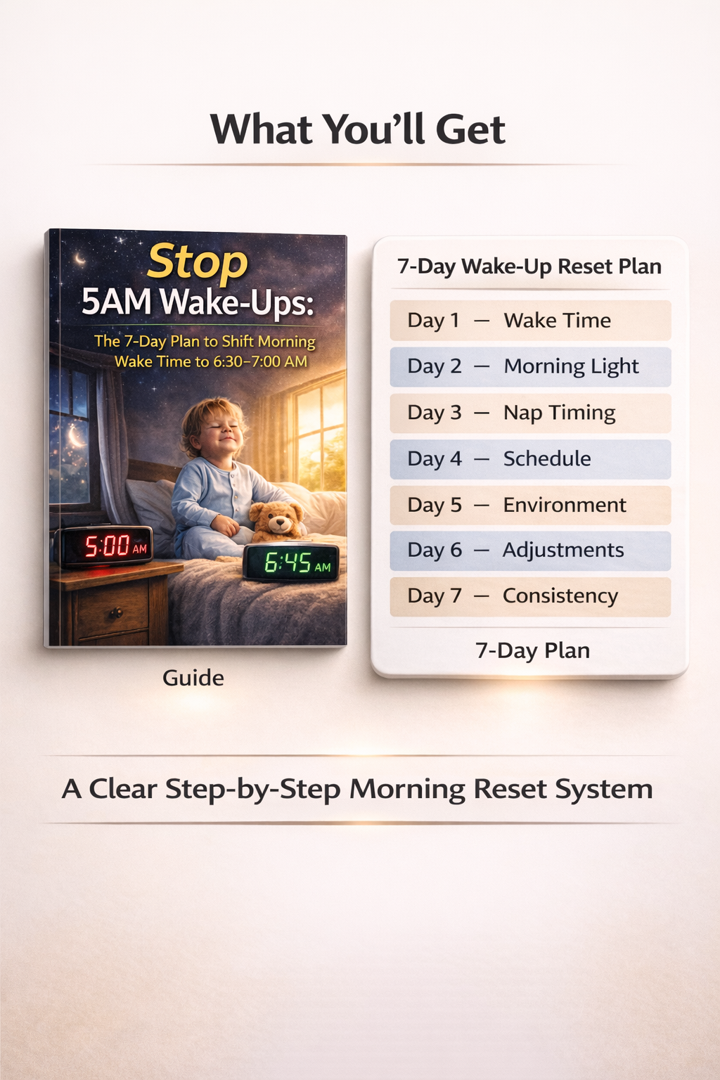Stop 5AM Wake-Ups guide and complete 7-day wake-up reset plan showing all 7 days from wake time to consistency to shift toddler morning wake time to 6:30-7:00 AM