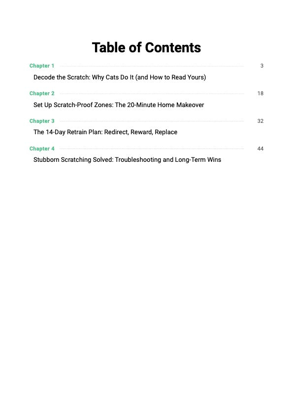Stop Cat Scratching System guide table of contents showing chapters covering scratch triggers, scratcher placement rules and 14-day cat retraining reset plan