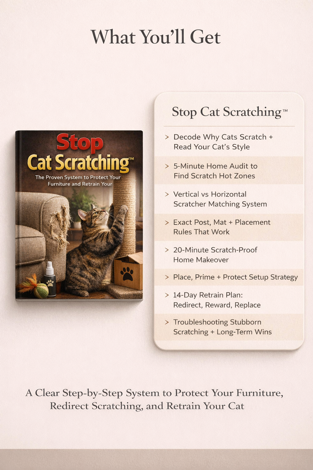 Stop Cat Scratching System guide and stop cat scratching showing 8 steps from decode why cats scratch to 14-day retrain plan to protect furniture and redirect cat scratching