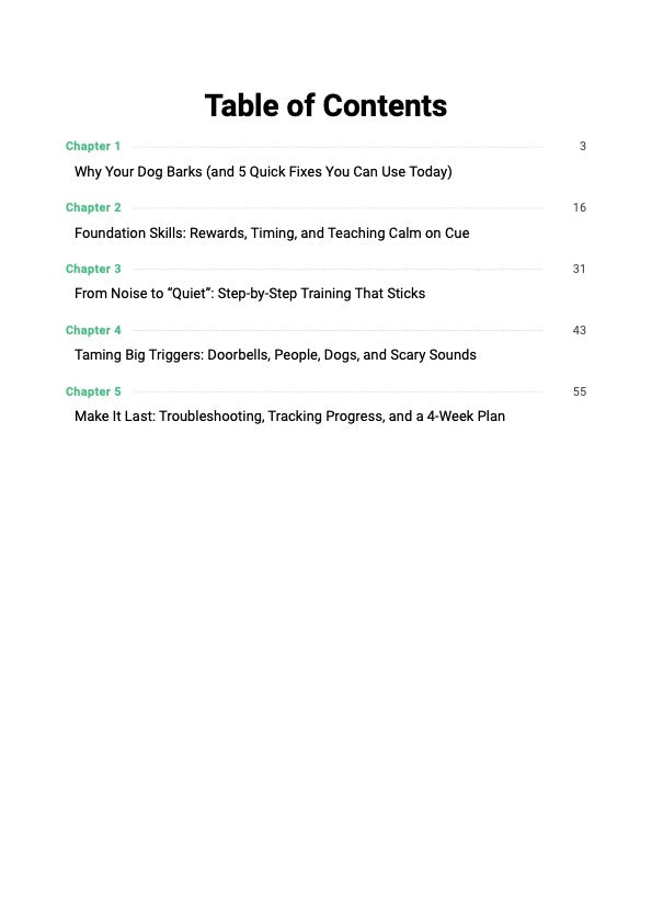 Stop Dog Barking System guide table of contents showing chapters covering barking triggers, quiet cue training and 4-week calm dog behavior plan