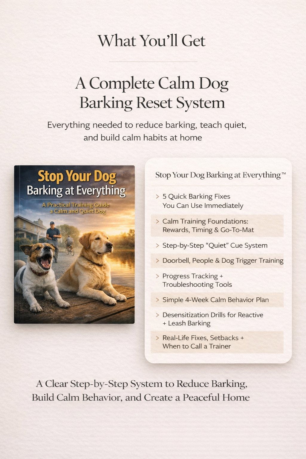 Stop Your Dog Barking at Everything guide and calm dog barking reset showing 8 steps from 5 quick barking fixes to 4-week calm behavior plan to reduce barking and build calm dog habits