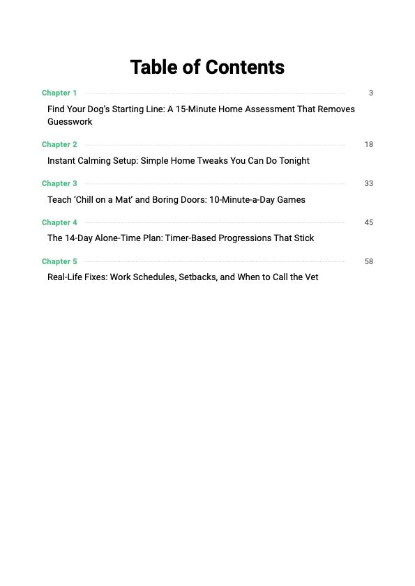 Stop Dog Separation Anxiety System guide table of contents showing chapters covering anxiety triggers, alone training steps and confidence building plan for dogs