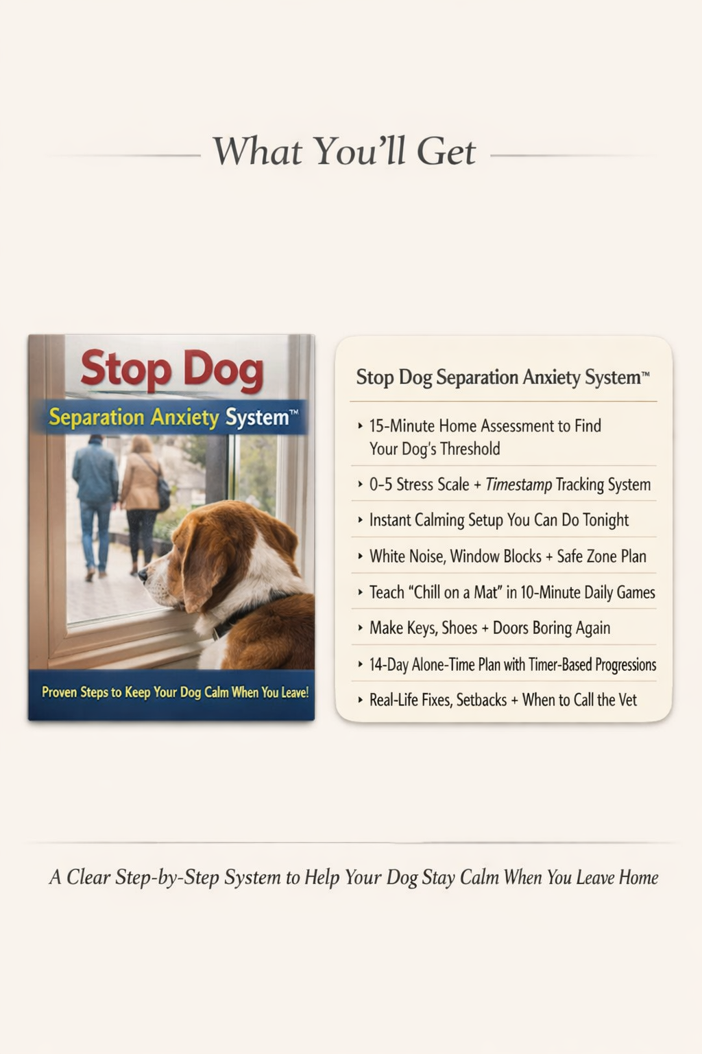 Stop Dog Separation Anxiety System guide and stop dog separation anxiety showing 8 steps from 15-minute home assessment to 14-day alone-time plan to help your dog stay calm when you leave home