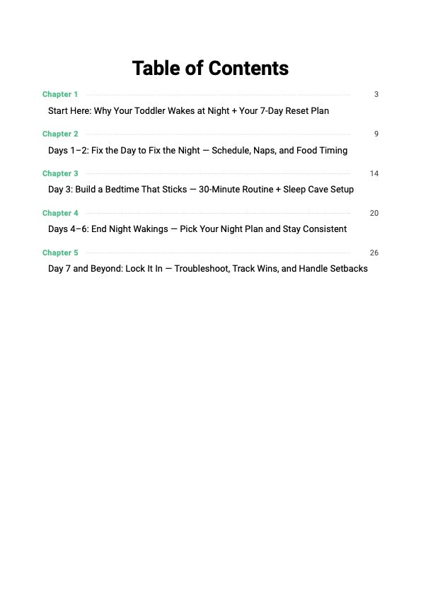 Stop Night Wakings guide table of contents showing 5 chapters covering 7-day toddler night sleep reset plan and bedtime routine system