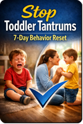Stop Toddler Tantrums 7-Day Behavior Reset guide cover showing before and after transformation from tantrum to calm happy toddler with parent