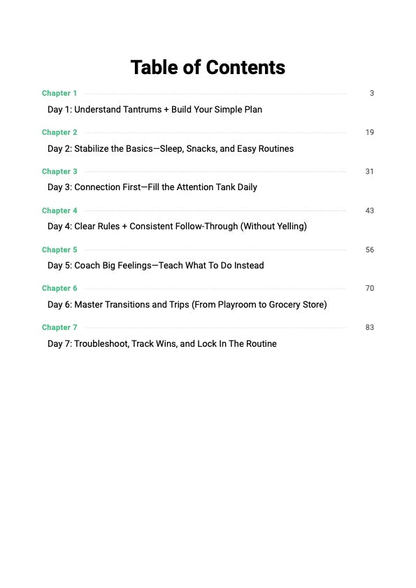 Stop Toddler Tantrums guide table of contents showing 7-day behavior reset chapters and calm parenting strategies for toddler meltdowns