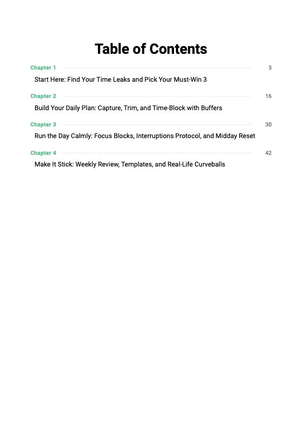 The Time Control System guide table of contents showing chapters covering daily planning, time blocking system and step-by-step time management and productivity reset plan