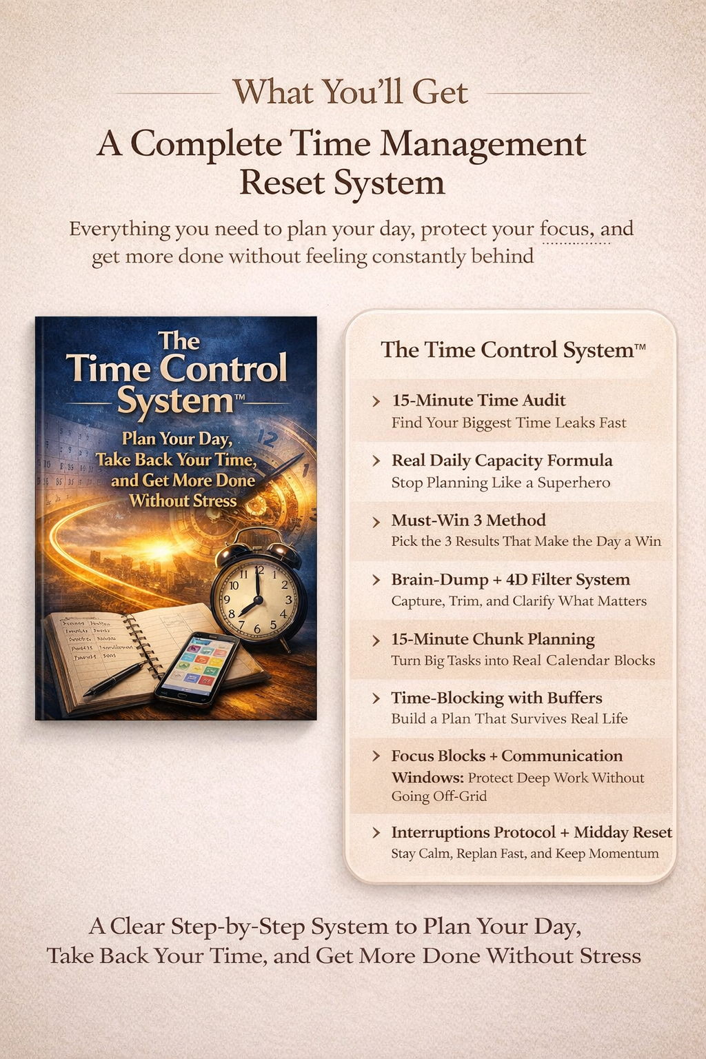The Time Control System guide and complete time management reset showing 8 steps from 15-minute time audit to interruptions protocol and midday reset to plan your day, take back your time and get more done without stress