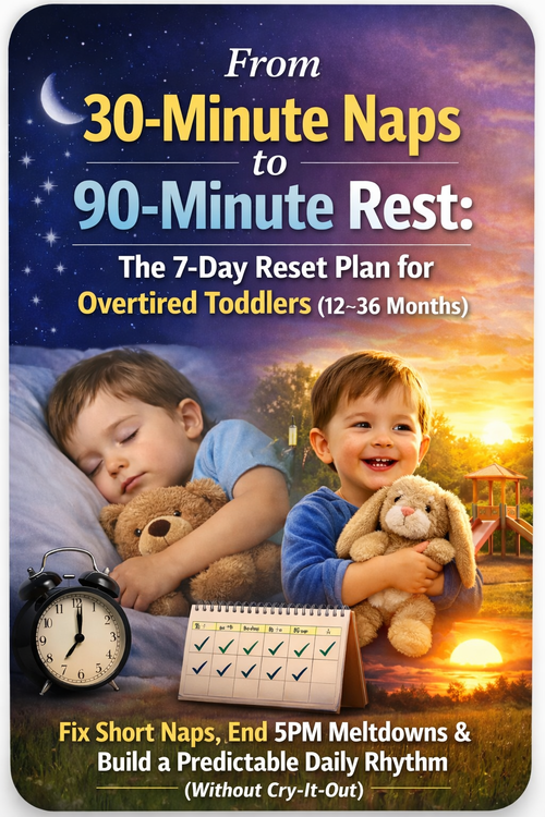 Toddler nap schedule reset guide helping parents turn 30 minute naps into 90 minute naps using a 7 day routine plan for overtired toddlers