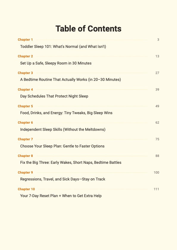Toddler sleep guide table of contents showing 10 structured sleep chapters and bedtime routine system