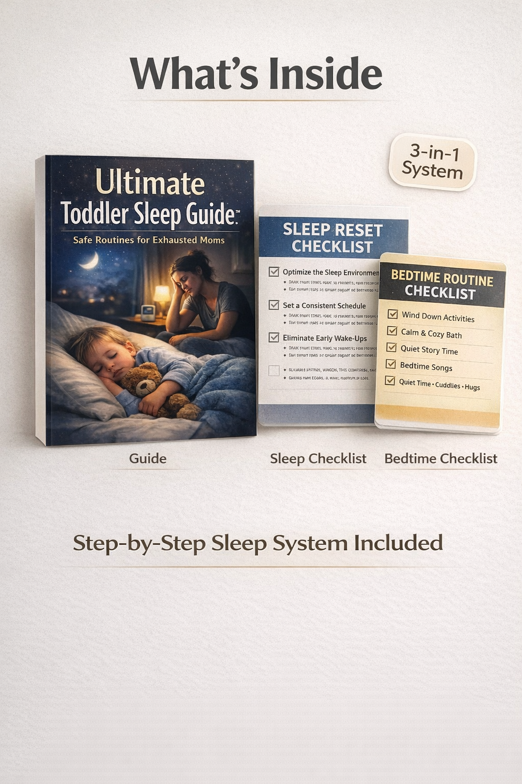 Inside page of toddler sleep guide showing 7-day sleep routine reset and bedtime scripts"