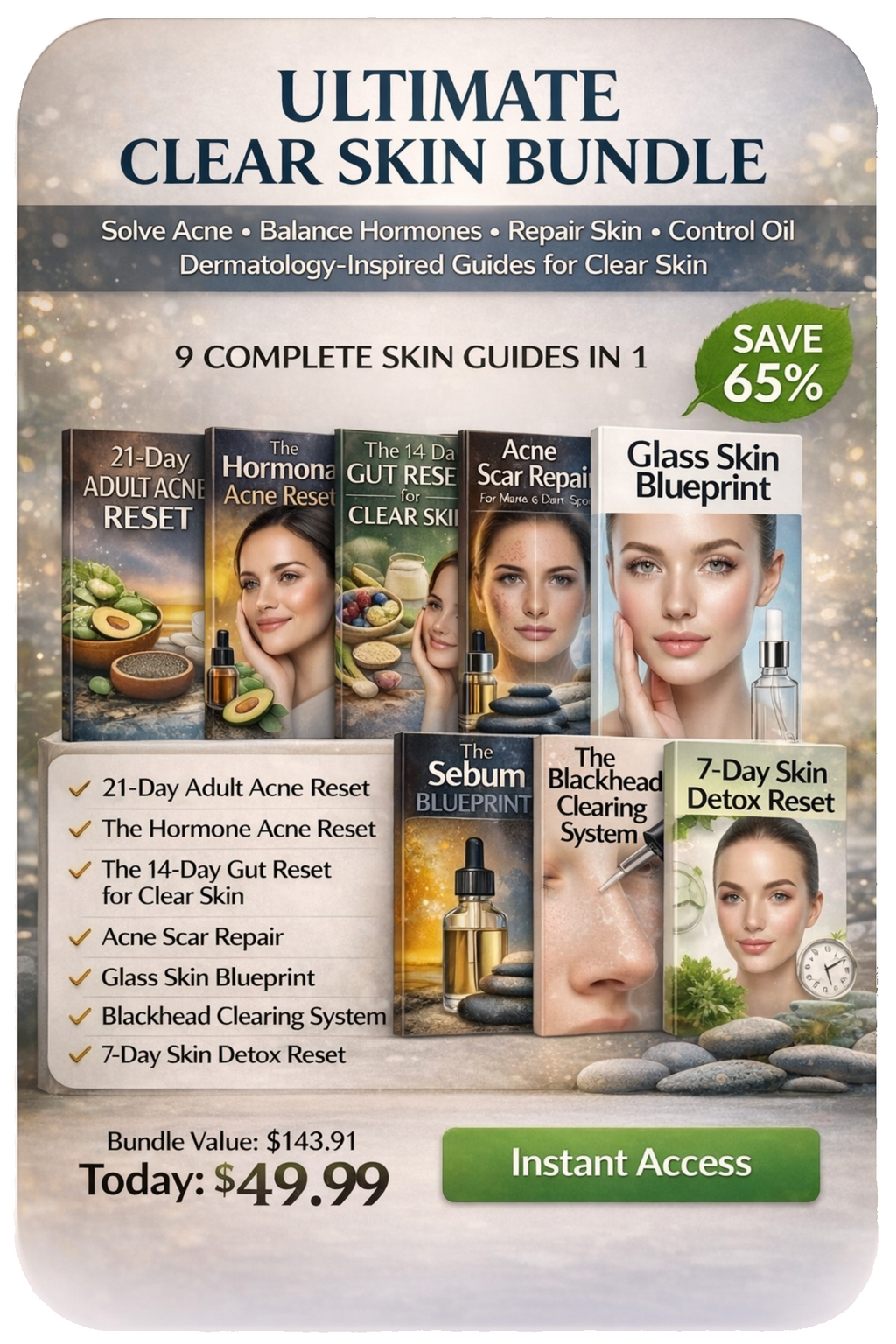 Ultimate Clear Skin Bundle including nine acne treatment and skincare guides for hormone acne, gut health, blackheads, sebum control and glass skin routines